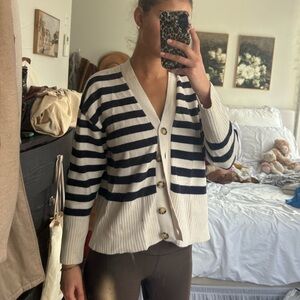 Zara Navy and Cream Striped Cardigan